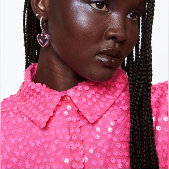 H&M Sequined Shirt Dress Cerise Festive New Barbiecore - Picture 5 of 8